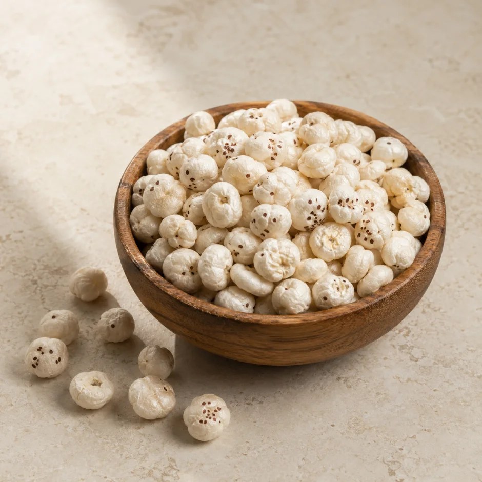 Roasted makhana fox nuts in a bowl beside a retail pack